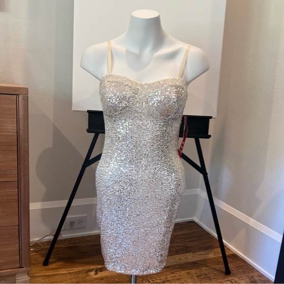 NWT! Sequin Champagne & Silver Mini Dress M - Picture 3 of 9
